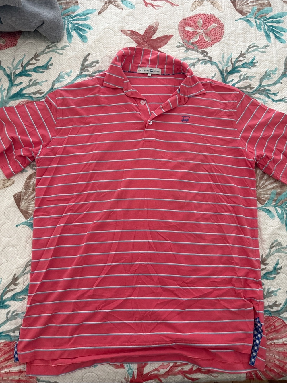 Bald Head Blues pink collared shirt with subtle white/blue stripes